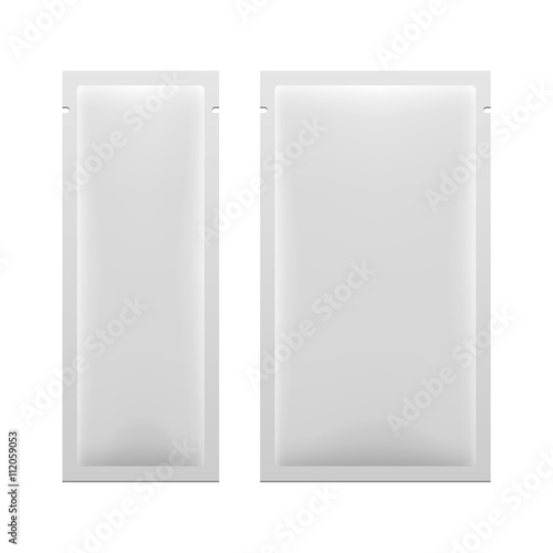 White Blank Foil Packaging Stick Medicine Drugs Or Chewing Gum, Coffee, Salt, Sugar, Spices, Sachet, Sweets, Candy. Isolated Mock Up Template Ready For Your Design. Product Packing Vector EPS10