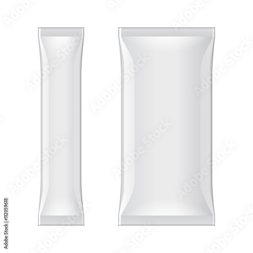 White Blank Foil Packaging Stick Medicine Drugs Or Chewing Gum, Coffee, Salt, Sugar, Spices, Sachet, Sweets, Candy. Isolated Mock Up Template Ready For Your Design. Product Packing Vector EPS10