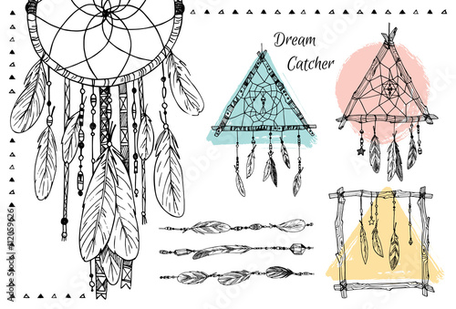 Hand drawn illustration - Set of Dream catchers. Tribal design e