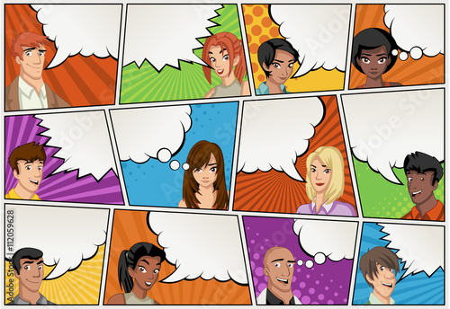 Comic book page with people talking. Comic strip background with speech bubbles. Vintage art.
