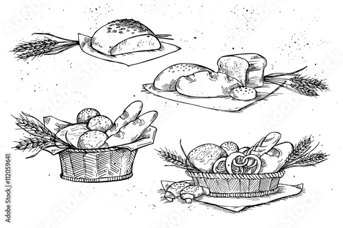 Hand drawn vector illustrations - Bakery shop. Grocery store. Bread, buns, cakes, pretzel. grain and wheat