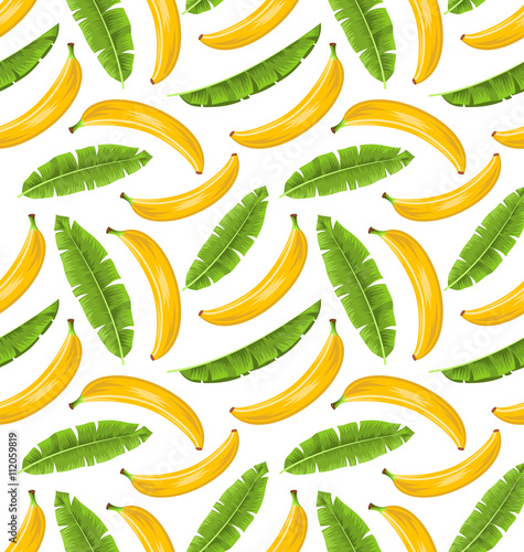 Seamless Pattern with Banana Leaves and Fruits. Food Background