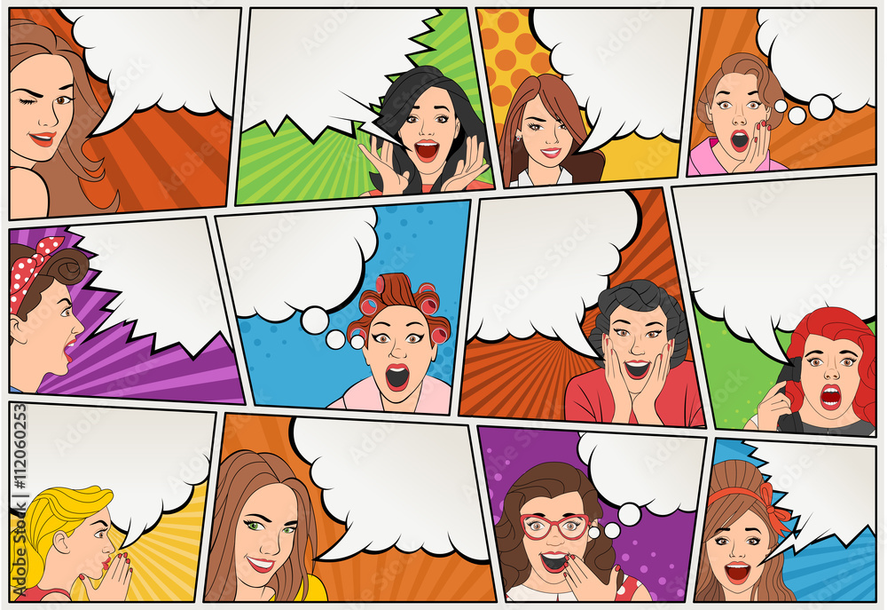Obraz premium Comic book page with retro women talking. Comic strip background with speech bubbles. Vintage art. 