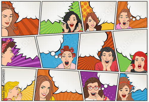 Comic book page with retro women talking. Comic strip background with speech bubbles. Vintage art.
