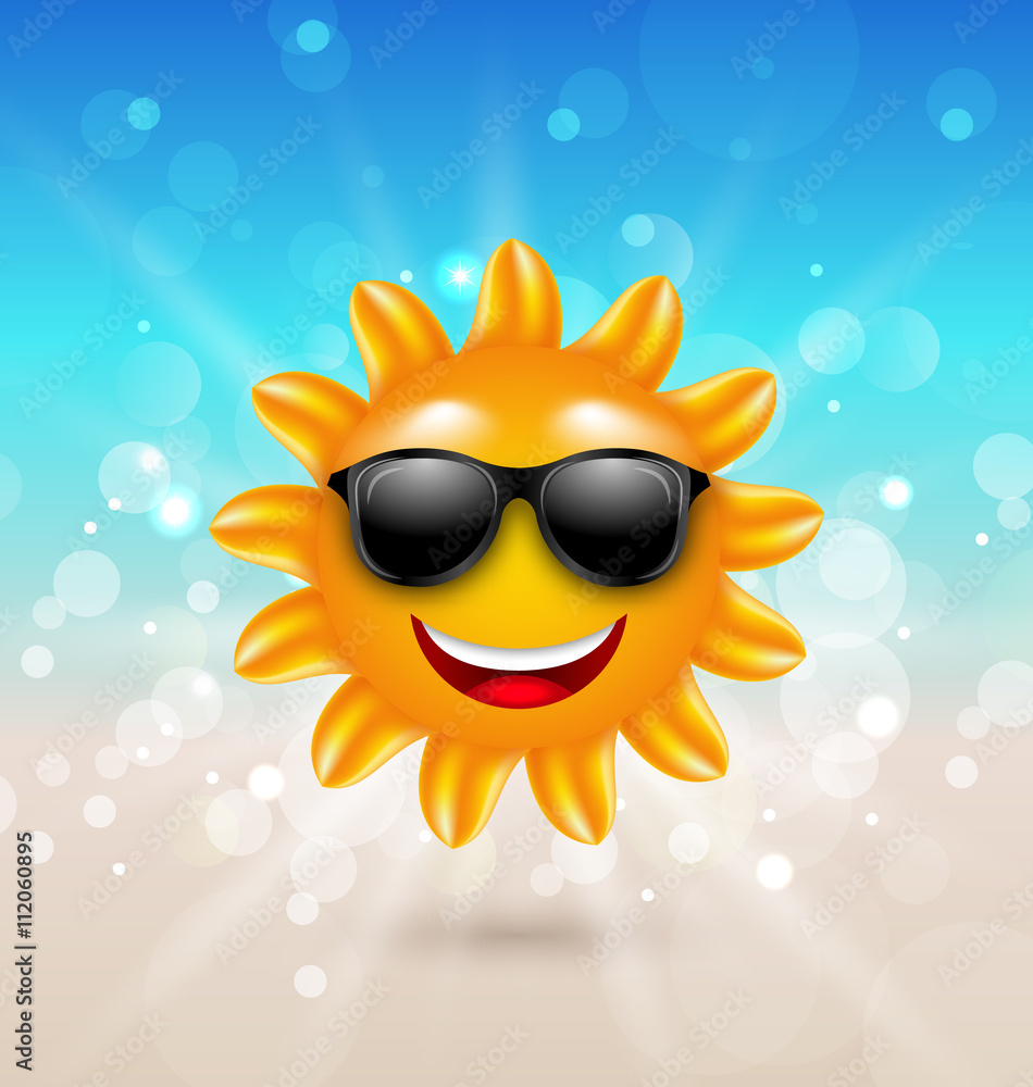 Abstract Hello Summer Background with Cheerful Summer Sun in Sunglasses Abstract Hello Summer Background with Cheerful Summer Sun in Sunglasses