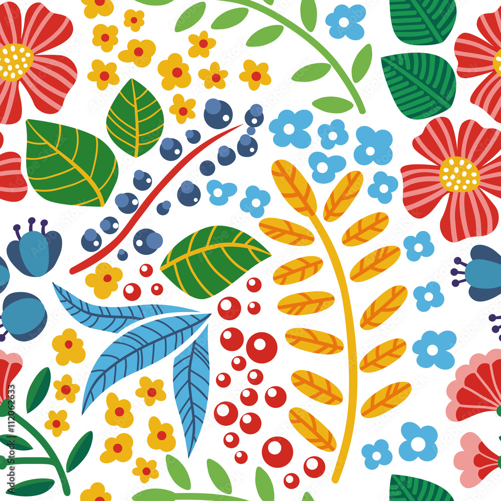 Colorful seamless pattern flowers, plants, branches and graphic elements on a white background. Can be used for wallpaper, pattern fills, web page background, surface textures. Vector illustration