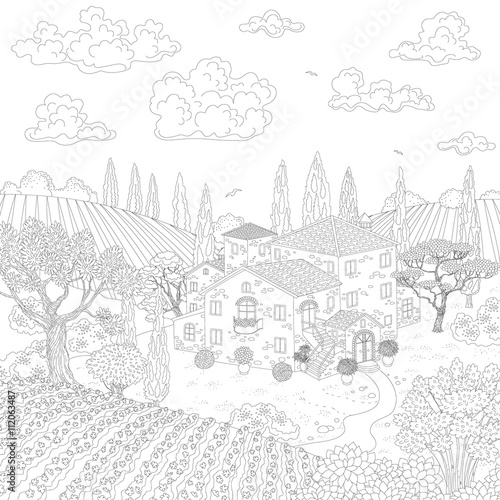 Cartoon contoured landscape with house, hills and trees.