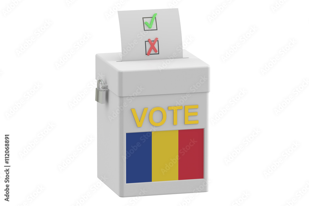 voting concept. Ballot box with flag of Romania, 3D rendering voting concept. Ballot box with flag of Romania, 3D rendering
