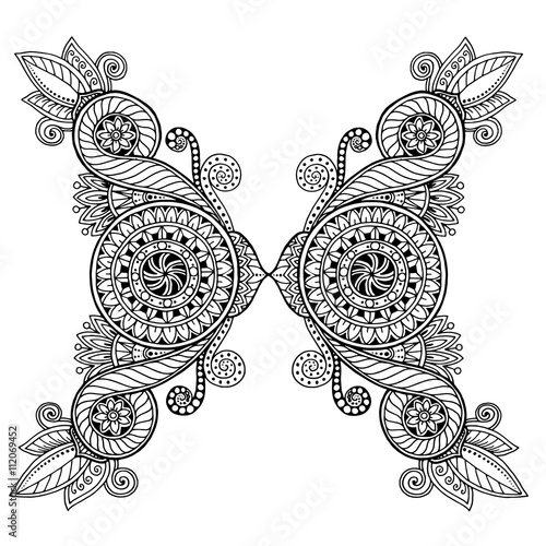 Ethnic floral zentangle, doodle background pattern circle in vector. Henna paisley mehndi doodles design tribal design element. Black and white pattern for coloring book for adults and kids.