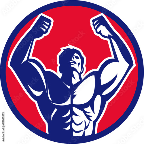Body Builder Flexing Muscles Circle Retro
