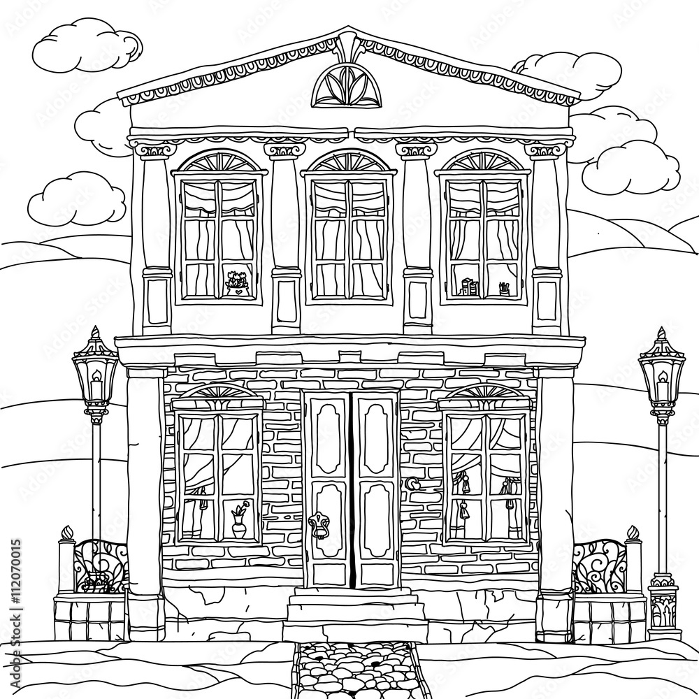Black and white illustration of a house. Vector.