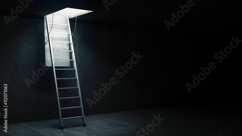 Wooden ladder to the attic with light. 3d rendering