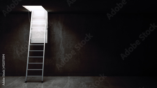 Wooden ladder to the attic with light. 3d rendering