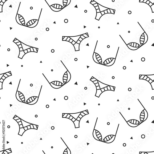 Fashion sexy lingerie seamless pattern. Fine line black and white woman lingerie pastel color vector pattern.