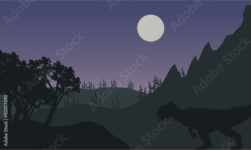 Silhouette of one Allosaurus in fields