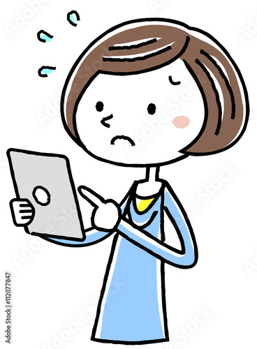 イラスト素材：若い女性　タブレット　操作　難しい
