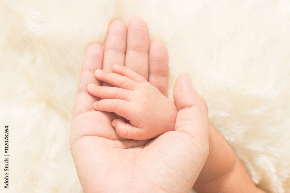 Hand the sleeping baby in the hand of mother close-up (Soft focu Hand the sleeping baby in the hand of mother close-up (Soft focu
