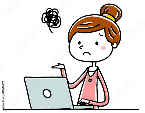 イラスト素材：若い女性　パソコン　困惑
