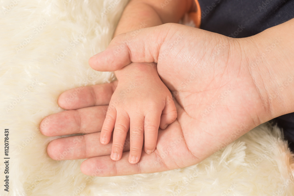 Hand the sleeping baby in the hand of mother close-up (Soft focu Hand the sleeping baby in the hand of mother close-up (Soft focu
