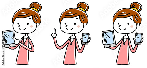 イラスト素材：若い女性　タブレット　スマートフォン　紹介　バリエーション

