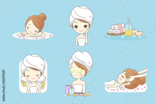 Cartoon young woman enjoy spa