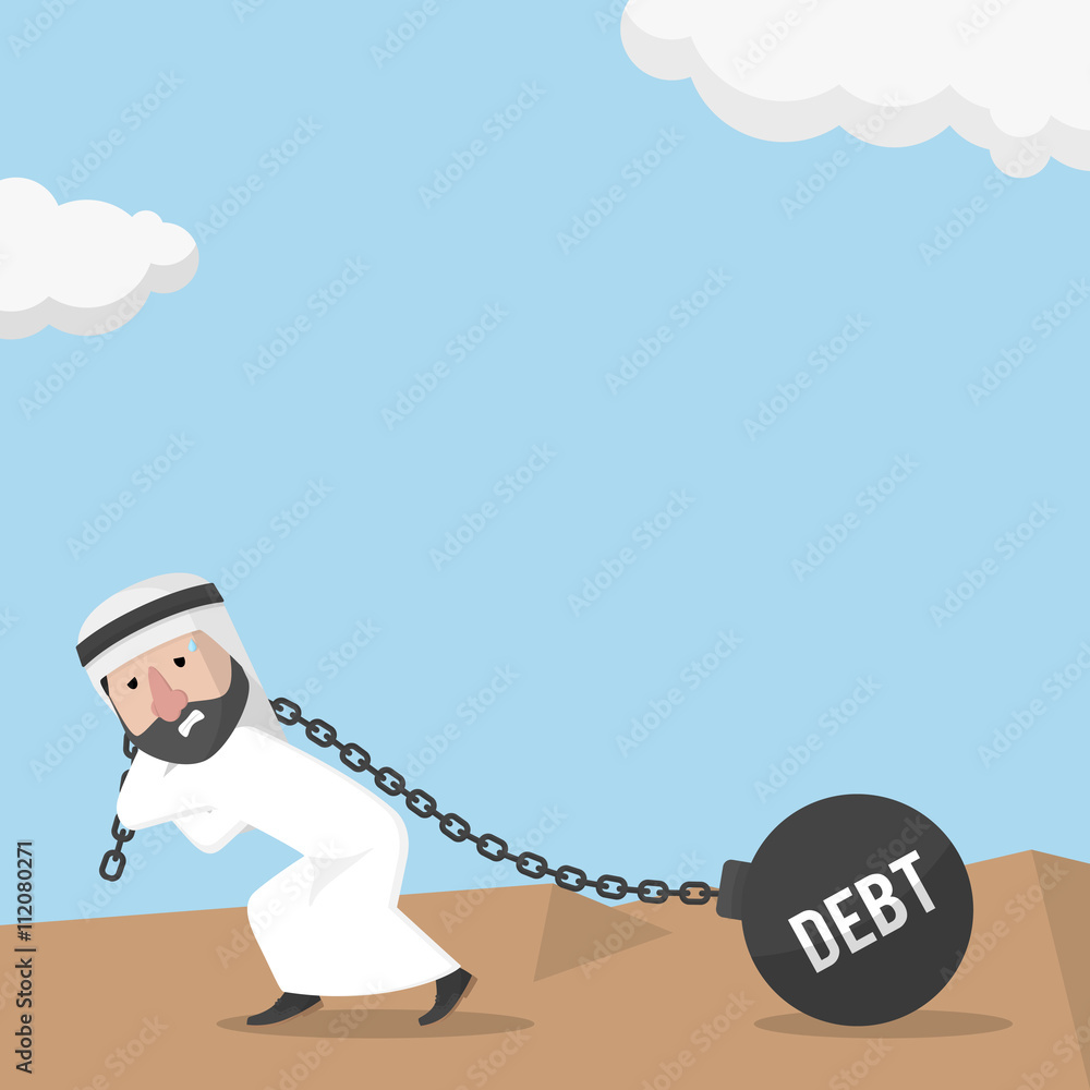 businessman arabian pulling debt ball