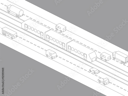 light rail transit system and various vehicles, streetcar, birds-eye view, line drawing illustration