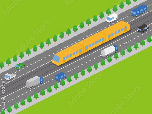 light rail transit system and various vehicles, streetcar, birds-eye view, vector illustration photo