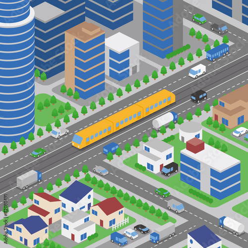 light rail transit system and various vehicles, streetcar, birds-eye view, vector illustration