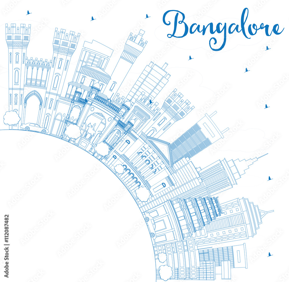 Outline Bangalore Skyline with Blue Buildings and Copy Space.