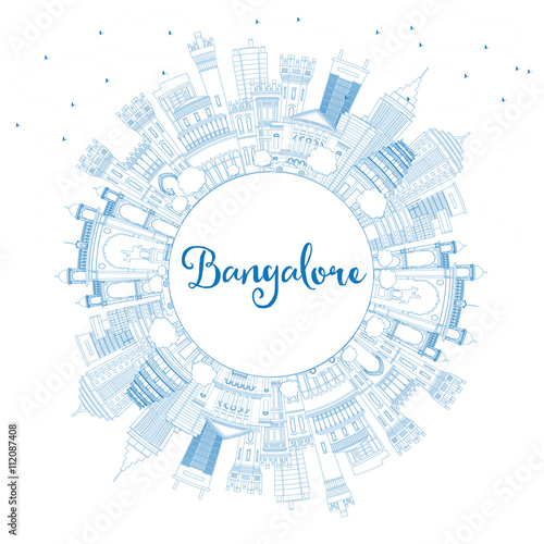 Outline Bangalore Skyline with Blue Buildings and Copy Space.