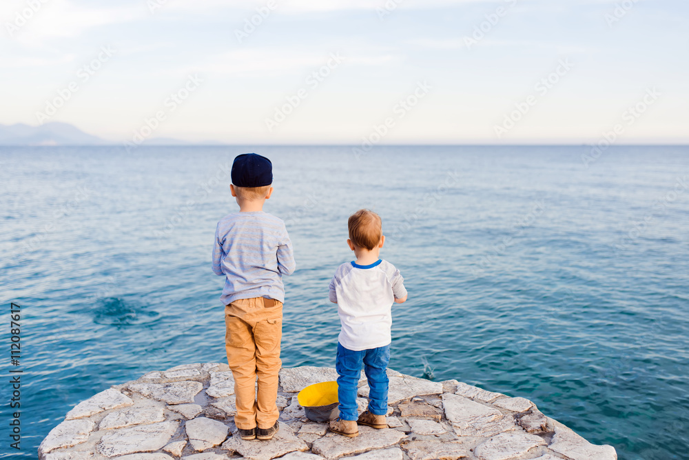 Rear view shot of two little boys standing on a pier at the ocean
Rear view shot of two little boys standing on a pier at the ocean