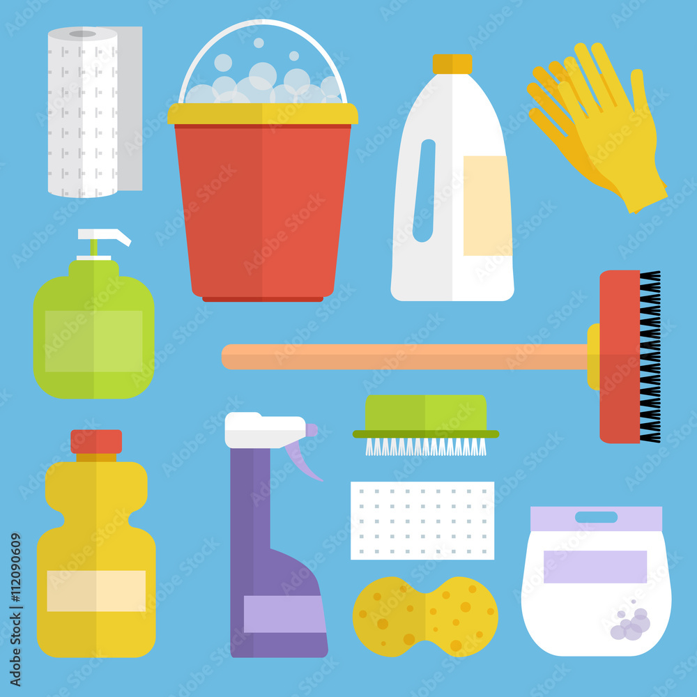 Vector set of cleaning tools. Housework cleaning icons set. Flat design vector illustration. Vector set of cleaning tools. Housework cleaning icons set. Flat design vector illustration.