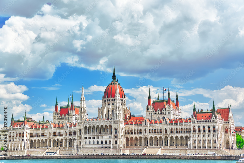 Fototapeta premium Hungarian Parliament at daytime. Budapest. View from Danube rive
