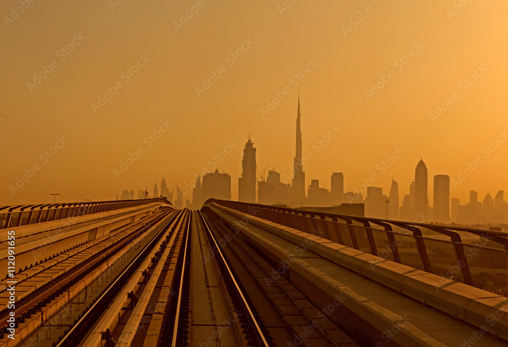 metro railway going to Downtown district in Dubai
