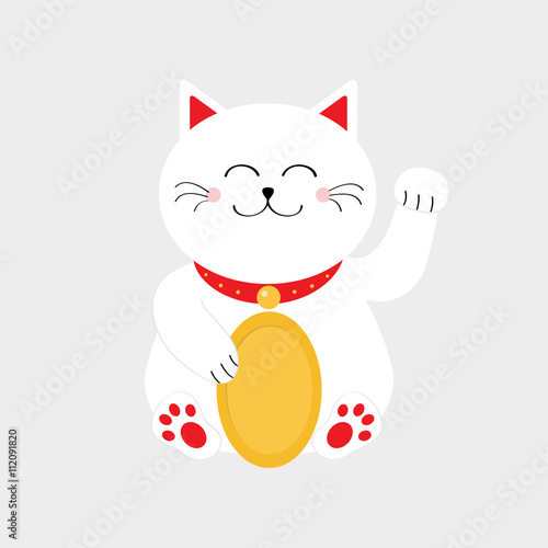 Lucky white cat sitting and holding golden coin. Japanese Maneki Neco cat waving hand paw icon. Feng shui Success wealth symbol mascot. Cute cartoon character. Greeting card. Flat White background