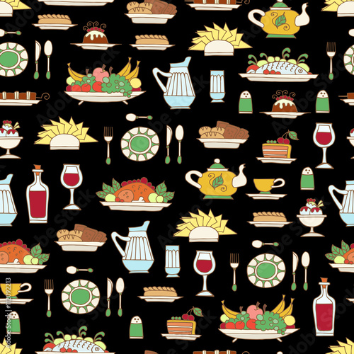 Vector seamless pattern with hand drawn colored symbols of breakfast, lunch or dinner on black color.  Pattern on the theme of  food