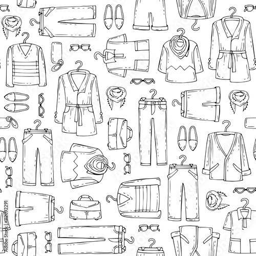 Vector seamless pattern with hand drawn isolated clothing for men on white color. Pattern on the theme of fashion