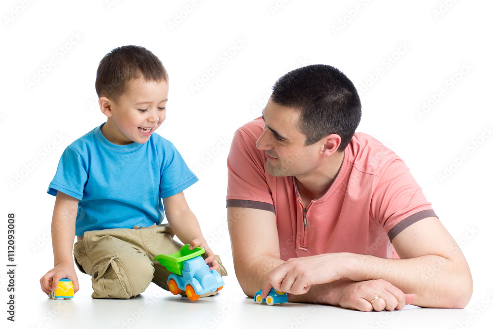 Daddy with little boy playing with toy cars Daddy with little boy playing with toy cars