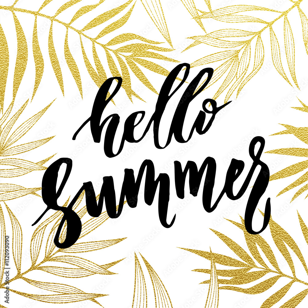 Obraz premium Hello Summer card with tropical leaf seamless golden pattern.