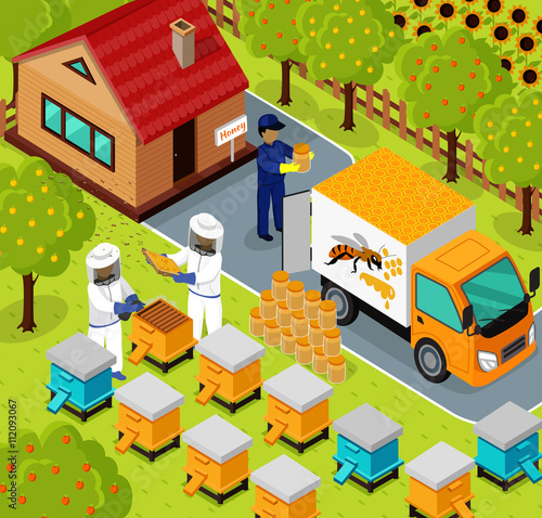 Isometric Honey Bee Apiary Beekeeper Design Flat