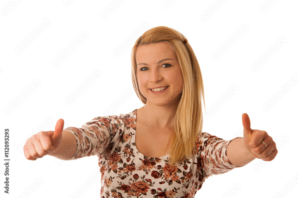 Cute blond woman showing thumbs up as  gesture for success isola