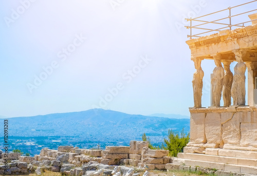 Famous Greek Athena Nike temple against clear blue sky, Acropolis of Athens in Greece