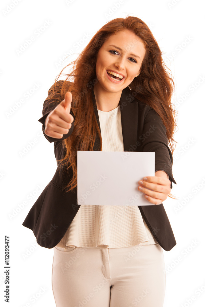 Sign board. Woman holding big white blank card. Positive emotion Sign board. Woman holding big white blank card. Positive emotion