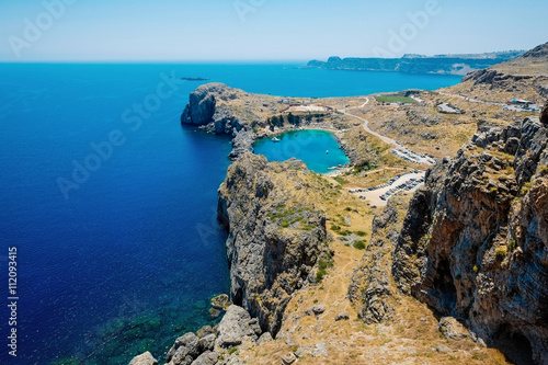 Panoramic bird eye aerial view at Saint Paul Bay at Lindos on the island of Rhodes, Greece