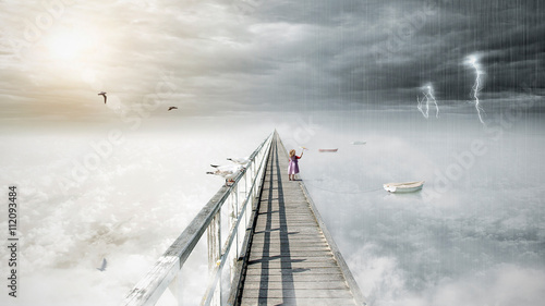 Bird flying on fantasy opposite weather sky, beautiful sun,  ominous stormy sky clouds and bridge, infinity conception for composite photo