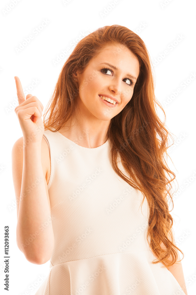 Fototapeta premium Business woman pointing to copy space while presenting a product