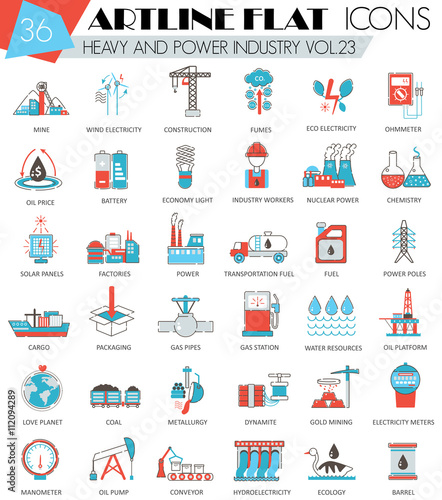 Vector Heavy and power industry ultra modern outline artline flat line icons for web and apps.