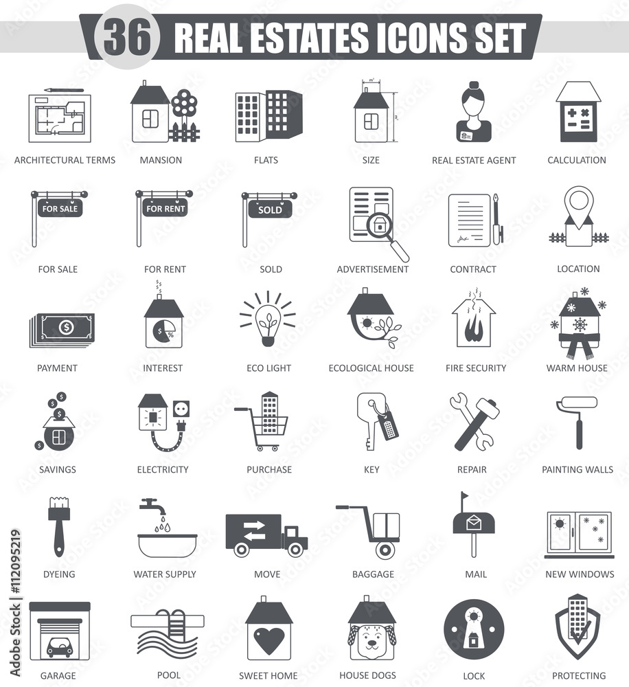 Vector Real estates black icon set. Dark grey classic icon design for web. Vector Real estates black icon set. Dark grey classic icon design for web.