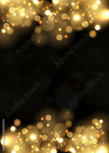 Abstract background with gold sparkles. Shiny defocused gold bokeh lights on black background. Festive gold background for card, flyer, invitation, placard, voucher, banner.